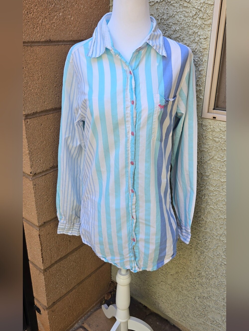 VS PINK Vintage 2004 Striped Button-Up Shirt in Mint, White & Sky Blue